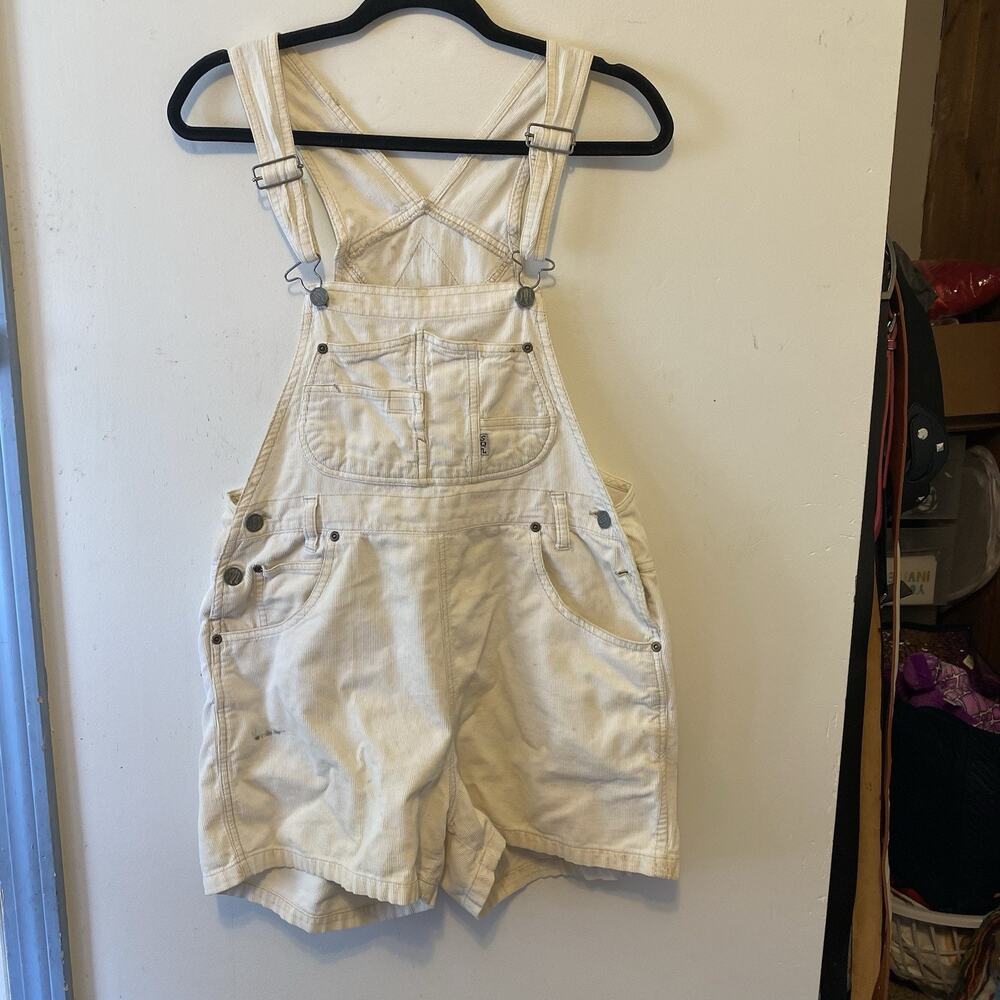 Vintage 90s SQZ Squeeze Women L Ivory Corduroy Overall Shorts Cotton Shortalls - Picture 4 of 10